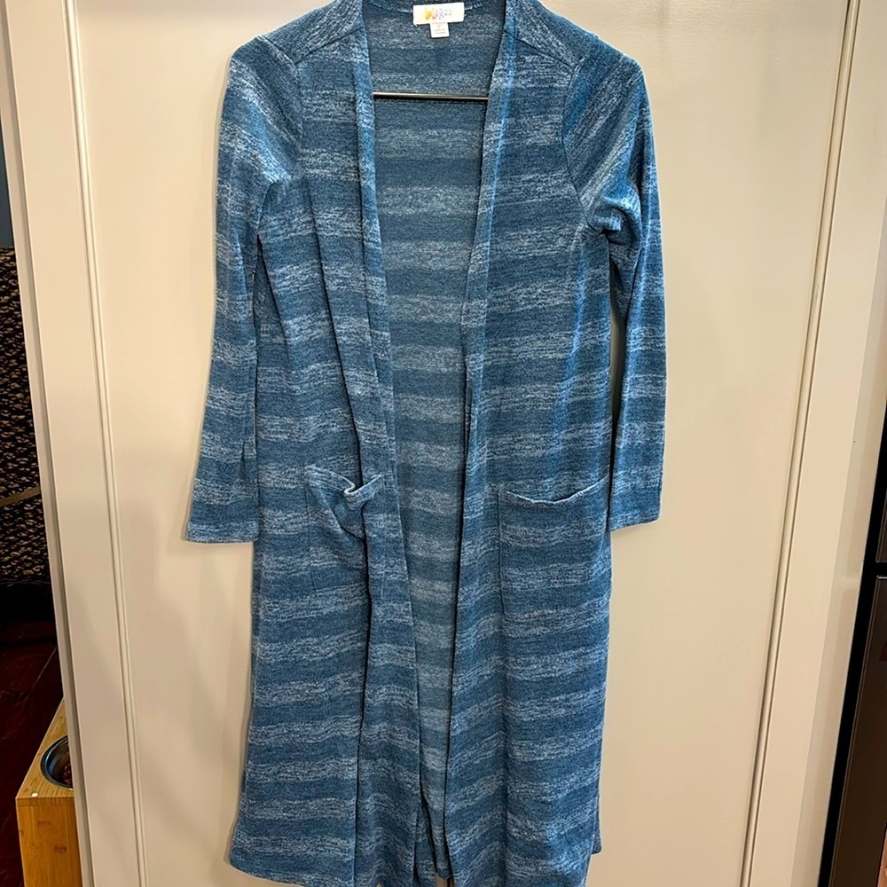 Lularoe Sarah SM long Sweater Cardigan Pockets Blue Stripe Knit Duster